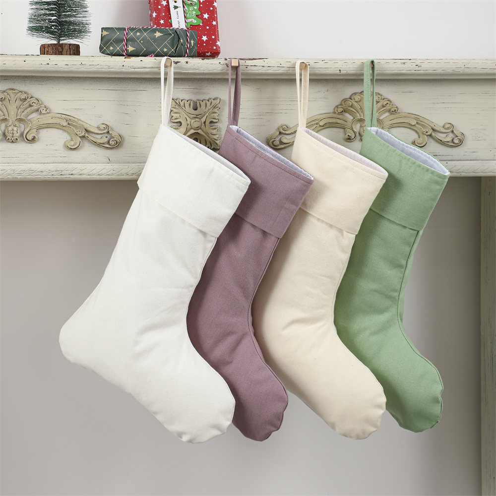 Christmas Stocking Hanging - ถุงเท้าคริสต์มาสผ้าลินินธรรมชาติสำหรับแขวนเตาผิงตกแต่งบ้านพร้อมปักชื่อ
