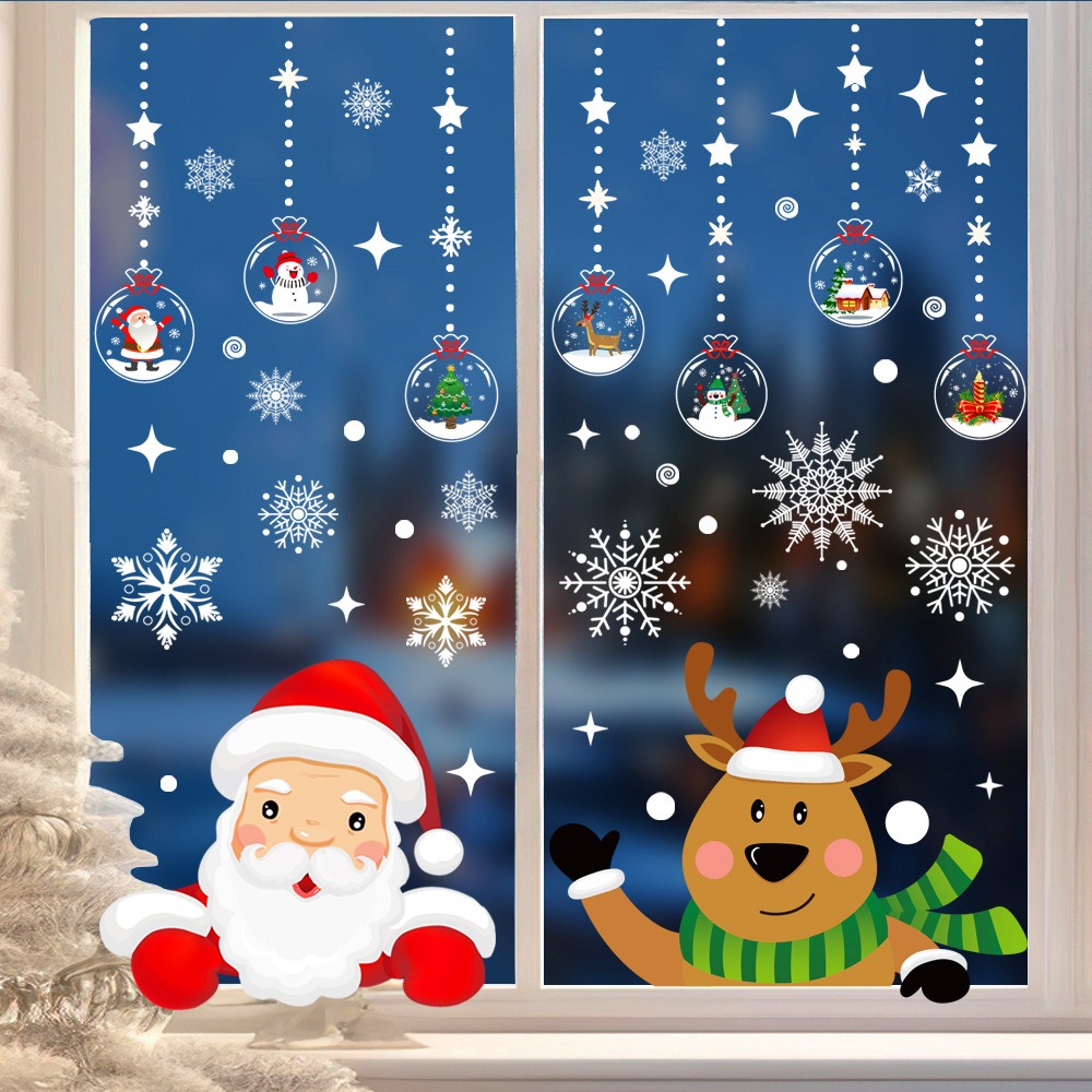 Snowflake Window Decal - สติกเกอร์ติดหน้าต่างลายการ์ตูนคริสต์มาสซานตาคลอส กวางเรนเดียร์ เกล็ดหิมะ สติกเกอร์กระจก ตกแต่งคริสต์มาส สุขสันต์ปีใหม่