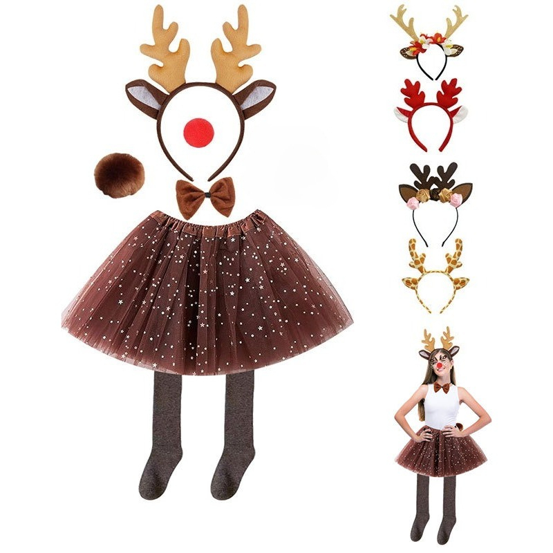 Reindeer Antlers Headband - ชุดคอสตูมกวางเรนเดียร์ กระโปรงบัลเลต์พร้อมโบว์ผูกผมและที่คาดผมเขากวาง สำหรับงานปาร์ตี้ฮาโลวีน คริสต์มาส และงานแต่งกายเป็นสัตว์