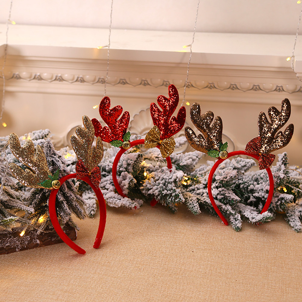 Reindeer Antlers Headband - ที่คาดผมคริสต์มาสลายเขากวางเรนเดียร์ 3 ชิ้น พร้อมกระดิ่งกลิตเตอร์ สีแดง ทอง