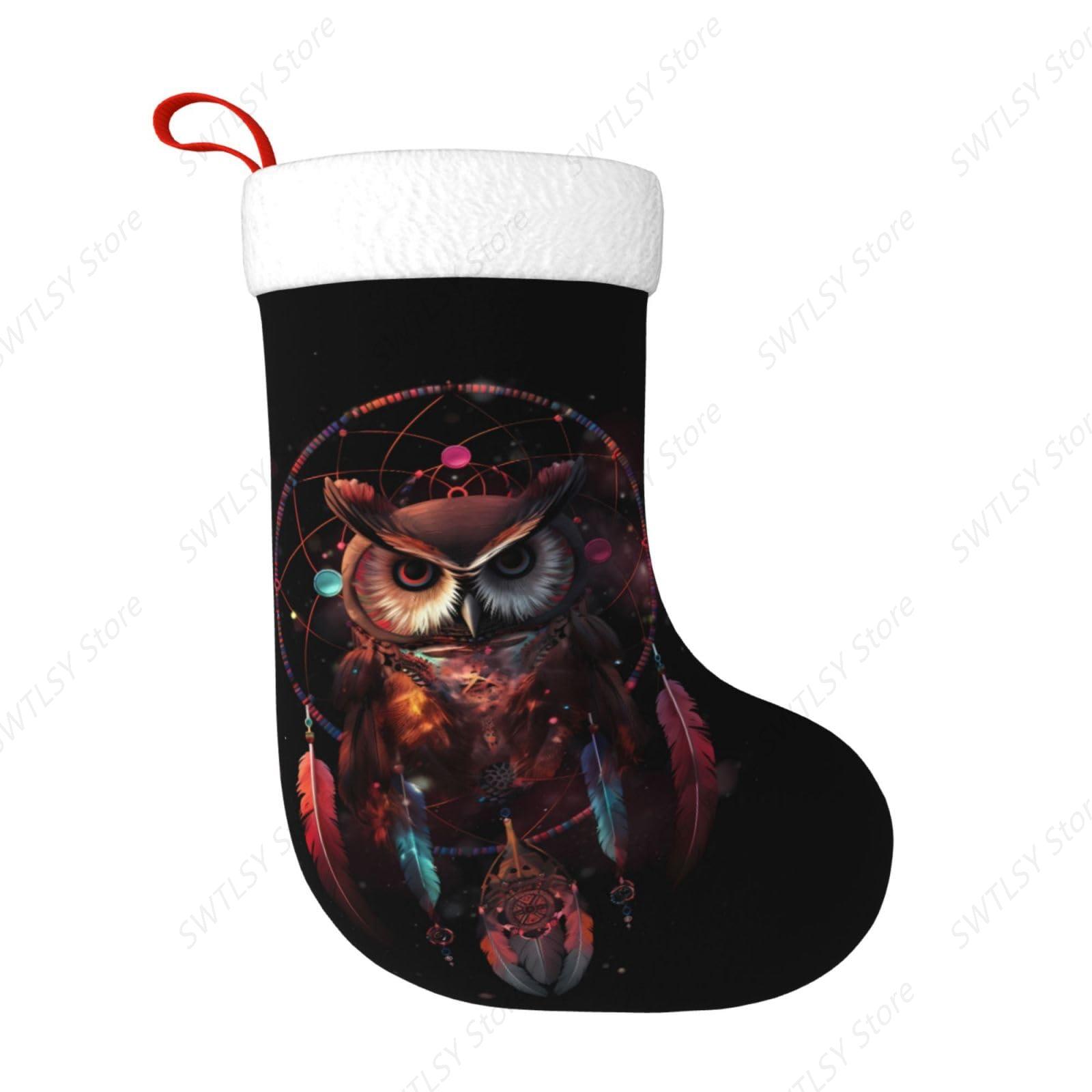 Christmas Stocking Hanging - ถุงเท้าคริสต์มาสลายรุ้งรูปนกฮูกขนาดใหญ่ 17.7 นิ้ว สำหรับแขวนตกแต่งเตาผิงในวันคริสต์มาสสำหรับครอบครัว