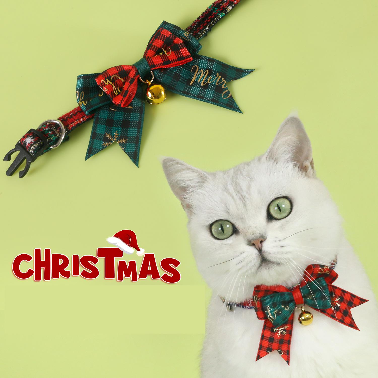 Christmas Throw Blanket - จิงเกิล&สปาร์คเคิล สุขสันต์วันคริสต์มาสปลอกคอโบว์สัตว์เลี้ยงป้องกันการสำลักปรับได้พร้อมโบว์ฟอยล์สีทองลายสก๊อตและระฆังเครื่องประดับคอสำหรับเทศกาลแมวสุนัข