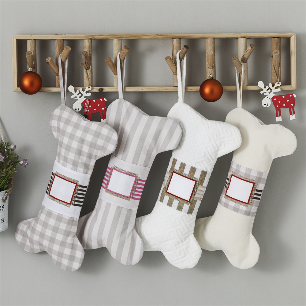 Christmas Stocking Hanging - ถุงเท้าคริสต์มาสลายสก๊อตสำหรับสัตว์เลี้ยงลายสก็อตสำหรับสุนัขรูปทรงกระดูกผ้าใบใช้ซ้ำได้ตกแต่งแบบส่วนตัว