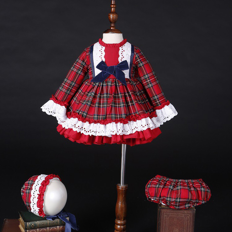 Christmas Throw Blanket - เด็กผู้หญิงฤดูใบไม้ร่วงฤดูหนาวคริสต์มาสลายสก๊อตสีแดงวินเทจสเปนปอมปอมบอลชุดเจ้าหญิงผ้าฝ้ายโลลิต้าเสื้อผ้าปาร์ตี้หมวกกางเกง C5