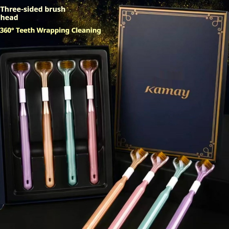 Gift Box Wrap Set - ชุดแปรงสีฟัน 4 ชิ้นในกล่อง แปรงสีฟันหุ้มสามด้านสำหรับการทำความสะอาดอย่างล้ำลึกโดยไม่พลาดจุดใดๆ อ่อนโยนต่อเหงือก เหมาะสำหรับใช้ในบ้านและเดินทาง